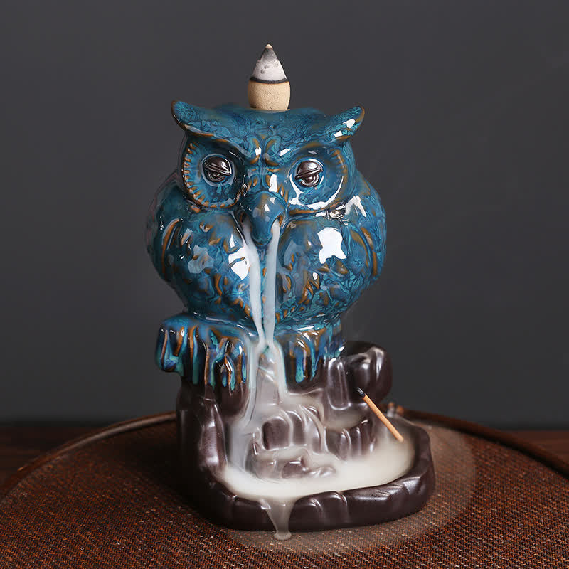 Brûle-encens à refoulement en céramique fait main en forme de hibou 9,2 cm