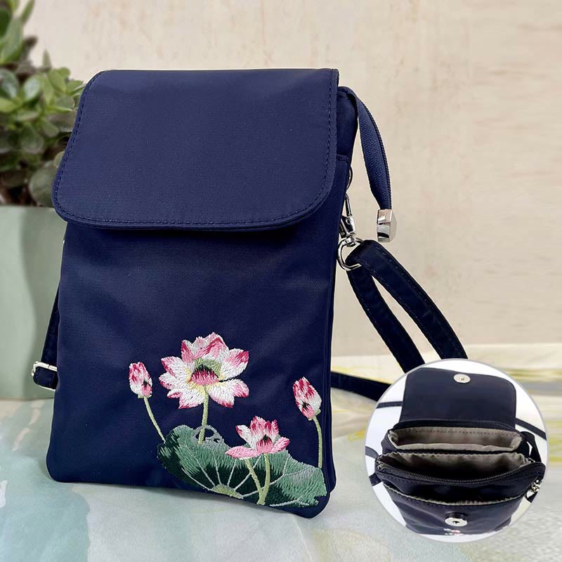 Sac bandoulière imperméable brodé à la main avec fleurs de lotus