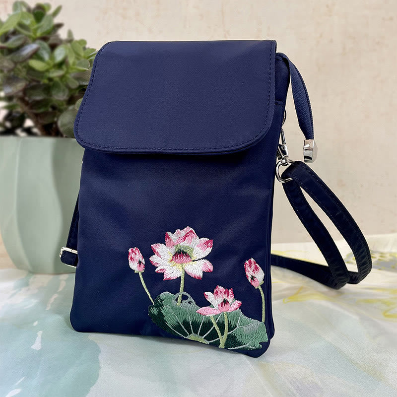 Sac bandoulière imperméable brodé à la main avec fleurs de lotus