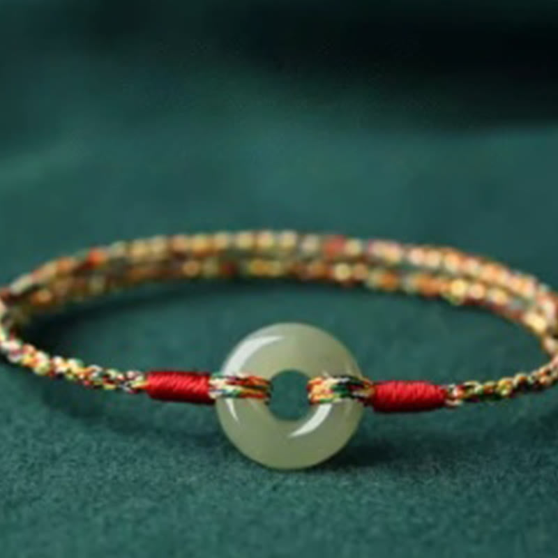 Bracelet de prospérité en jade fait main avec boucle de paix en corde 14-17 cm