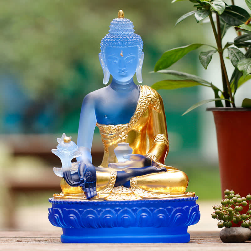 Statue de Bouddha de médecine en cristal Liuli faite à la main 13 cm