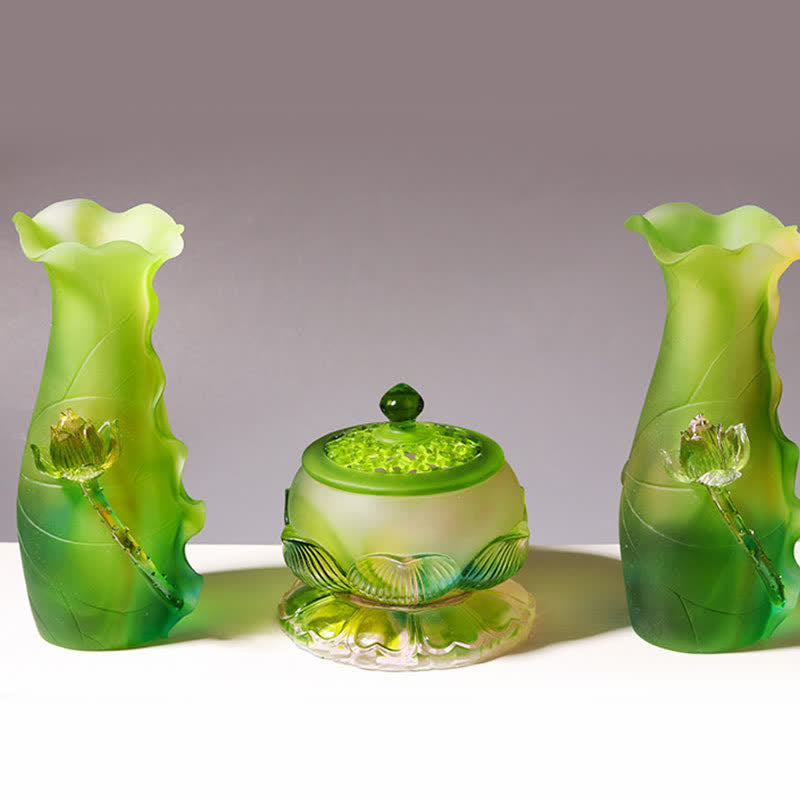 Pièce d'art en cristal de lotus Liuli Feng Shui faite à la main