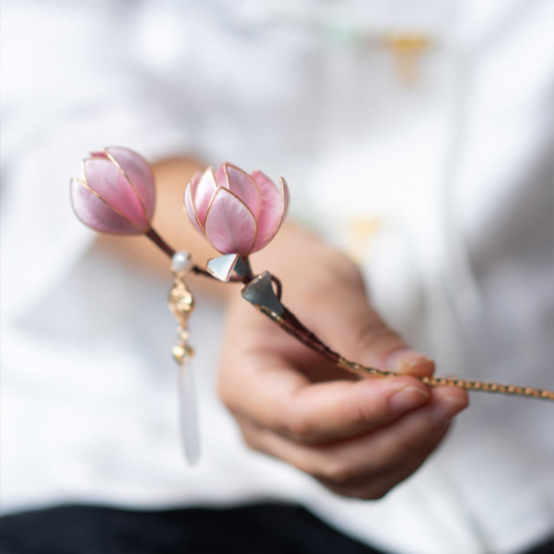 Épingle à cheveux en magnolia violet faite à la main, fleur en soie de Yangzhou