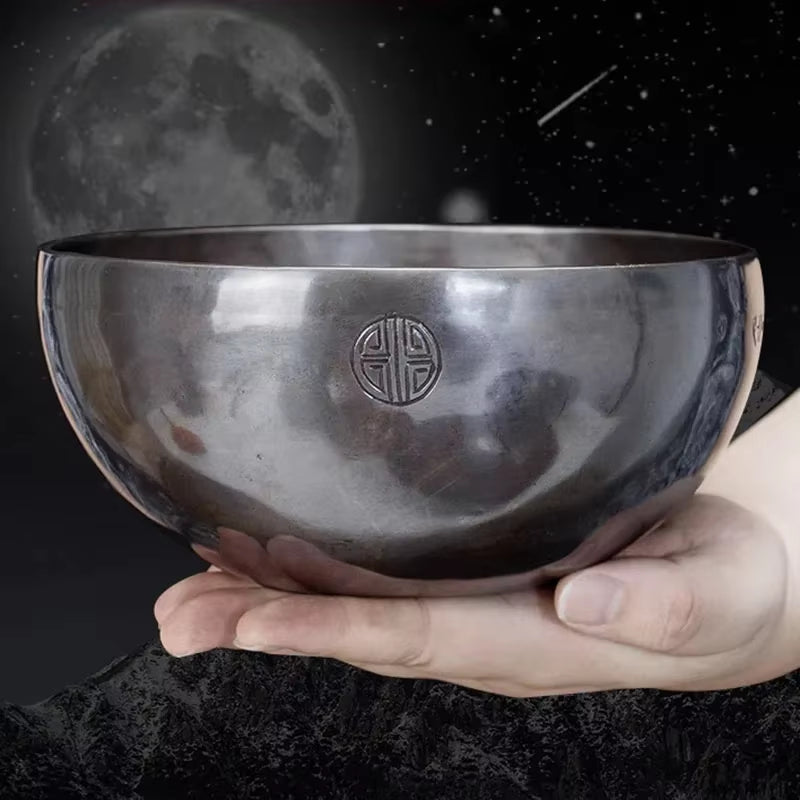 Metallic Handmade Tibetan Singing Bowl with etched circular symbol for meditation healing