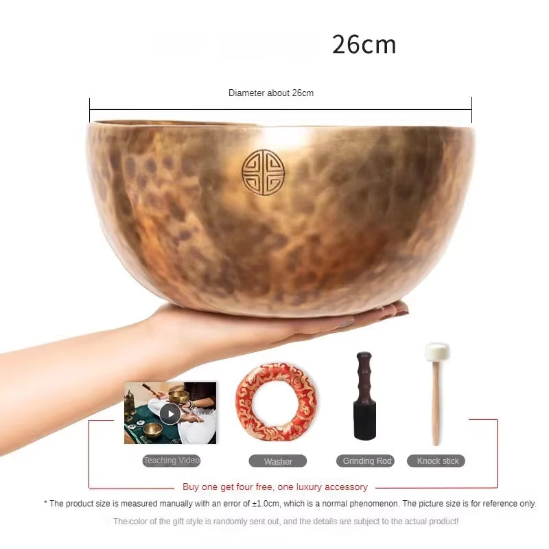 Hammered Copper Tibetan Singing Bowl with Buddhist Symbol for Healing and Meditation