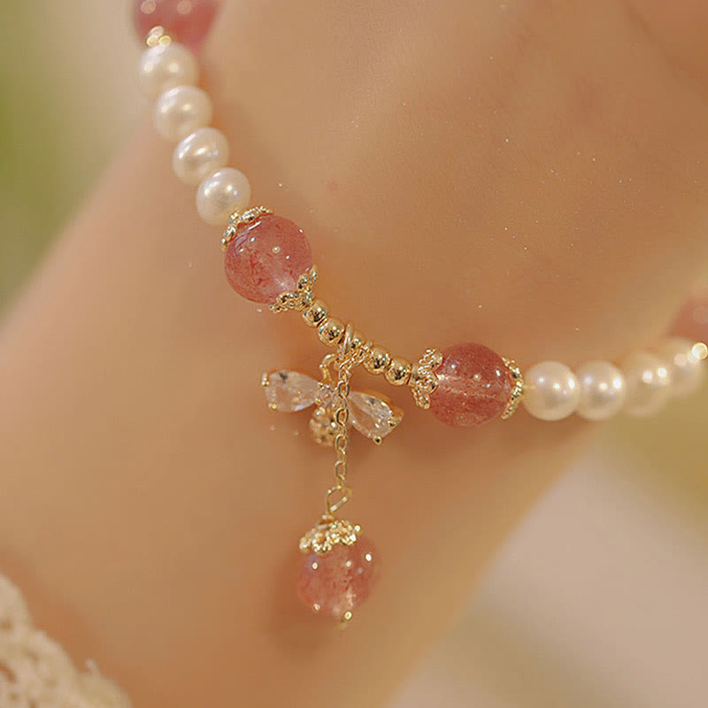 Bracelet de guérison en quartz fraise avec breloque abeille