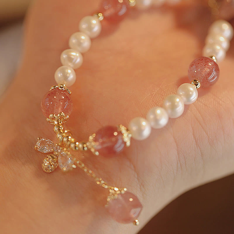 Bracelet de guérison en quartz fraise avec breloque abeille