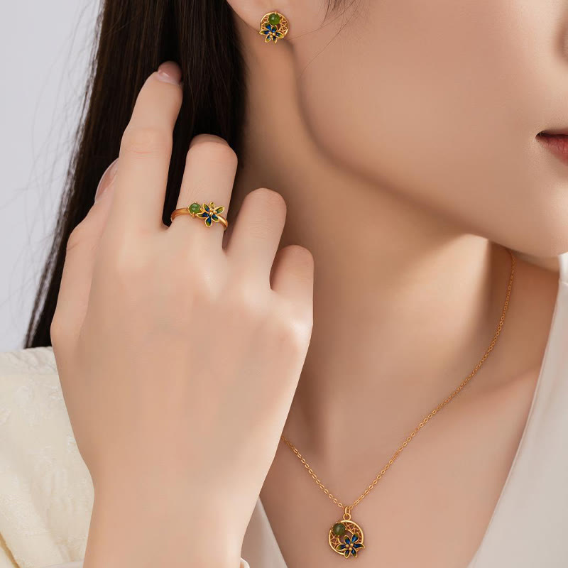 Parure de bijoux 3 pièces en jade cyan Hetian | Collier, bague et boucles d'oreilles