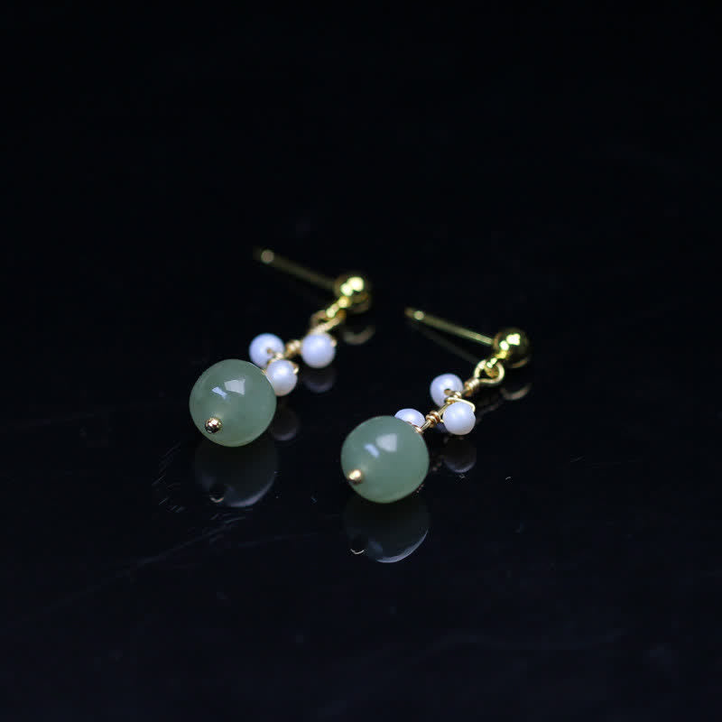 Boucles d'oreilles pendantes en jade Hetian et or 14 carats pour la prospérité et la chance