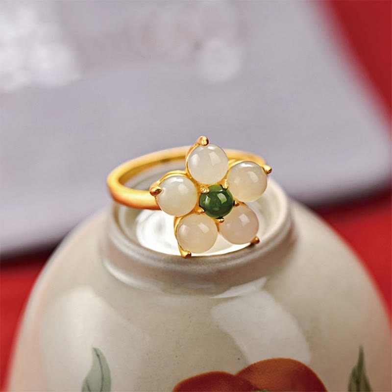 Bague ajustable en jade Hetian en forme de fleur de pêcher