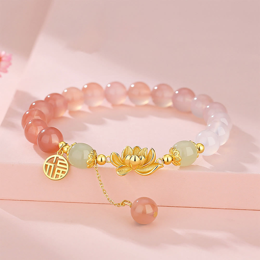 Bracelet en jade Hetian avec agate et lotus, symboles de fortune