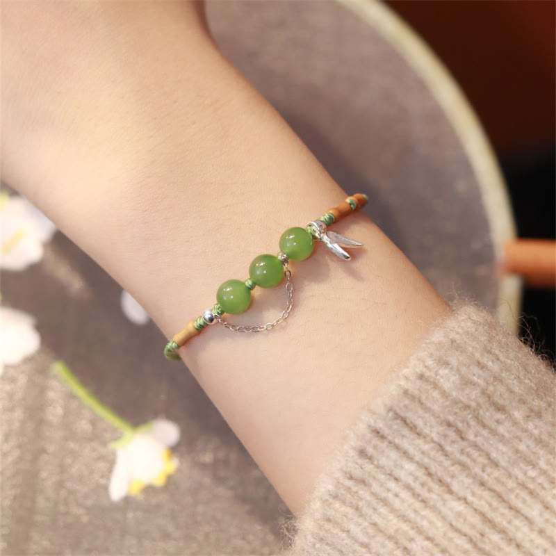 Bracelet en bambou et jade Hetian et calcédoine