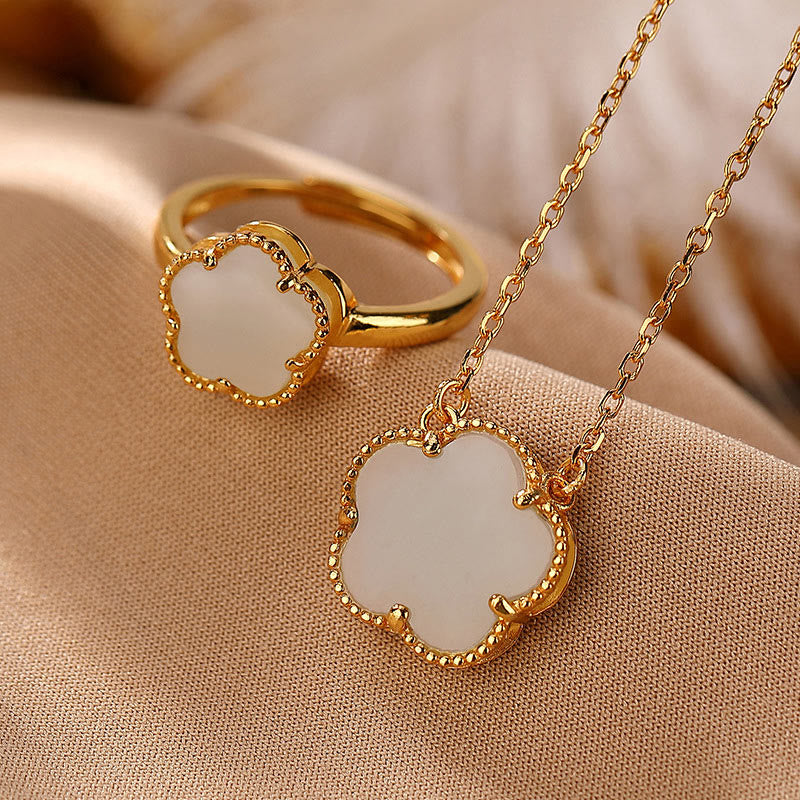 Ensemble collier et bague en jade Hetian en argent sterling plaqué or pour la chance