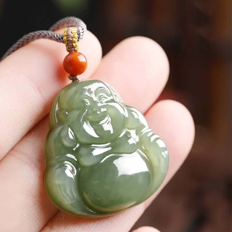 Collier Bouddha rieur en jade Hetian pour l'abondance et la prospérité