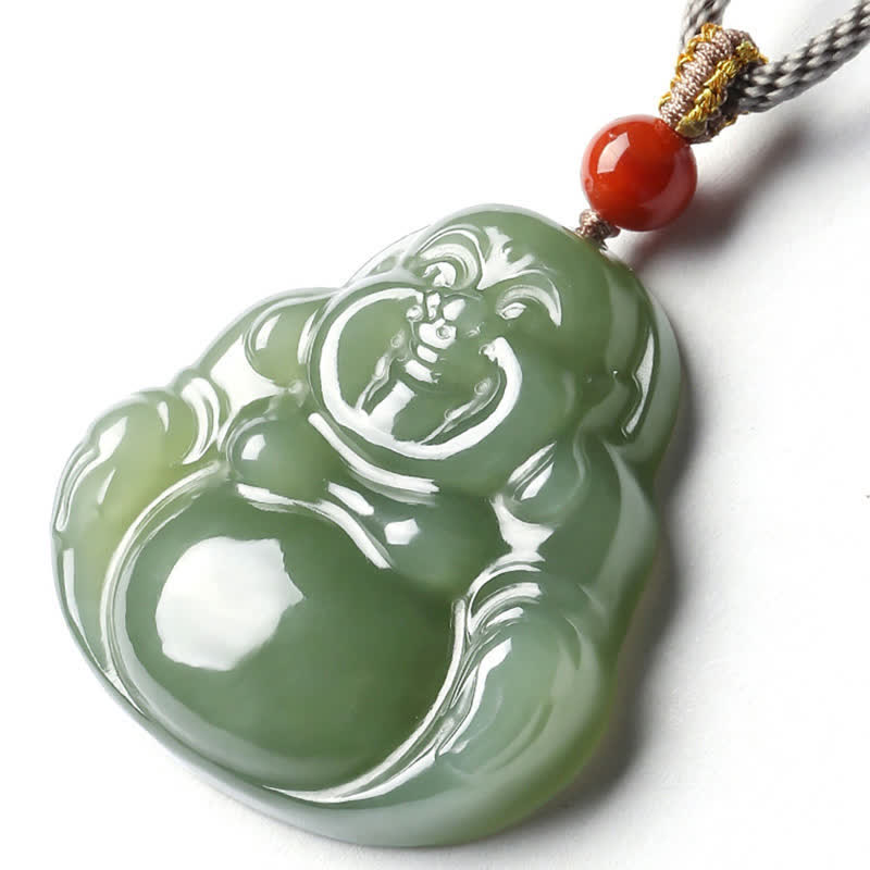 Collier Bouddha rieur en jade Hetian pour l'abondance et la prospérité