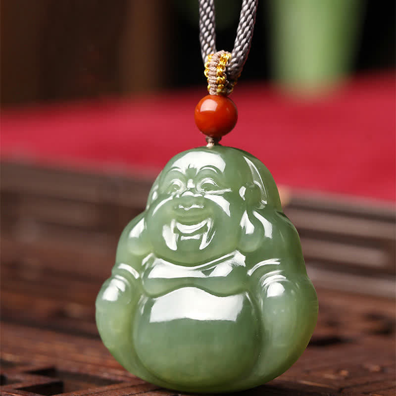 Collier Bouddha rieur en jade Hetian pour l'abondance et la prospérité