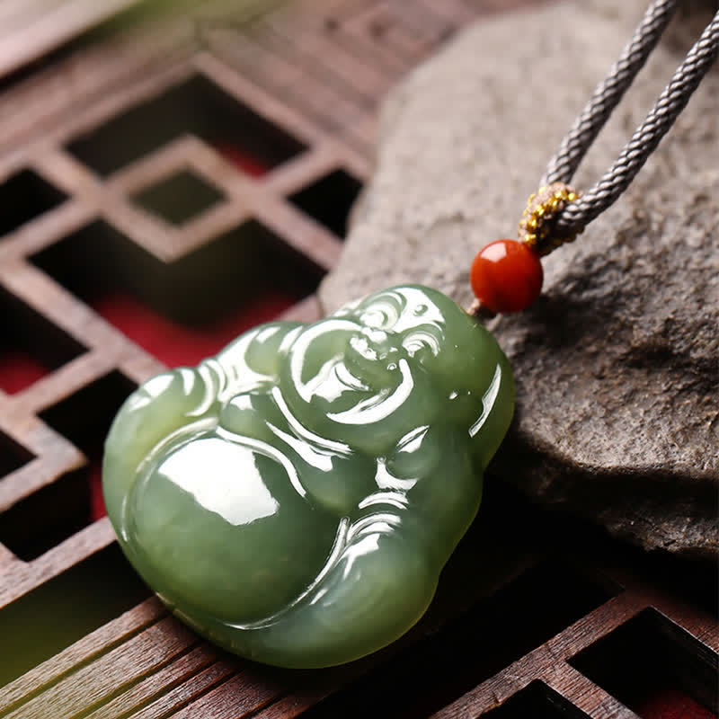 Collier Bouddha rieur en jade Hetian pour l'abondance et la prospérité
