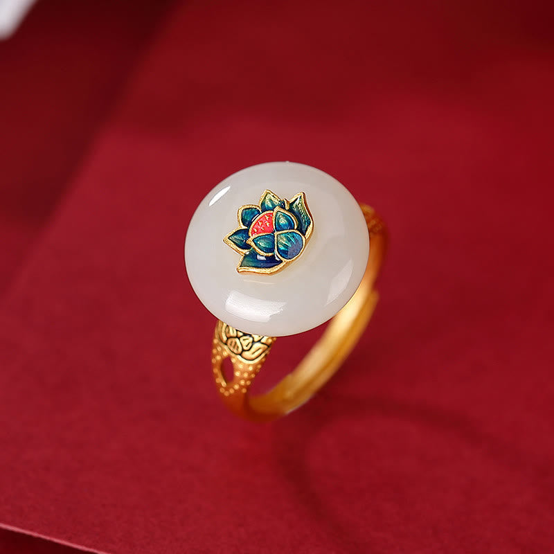 Ensemble bague et boucles d'oreilles lotus en jade Hetian | Or et argent, porte-bonheur spirituel