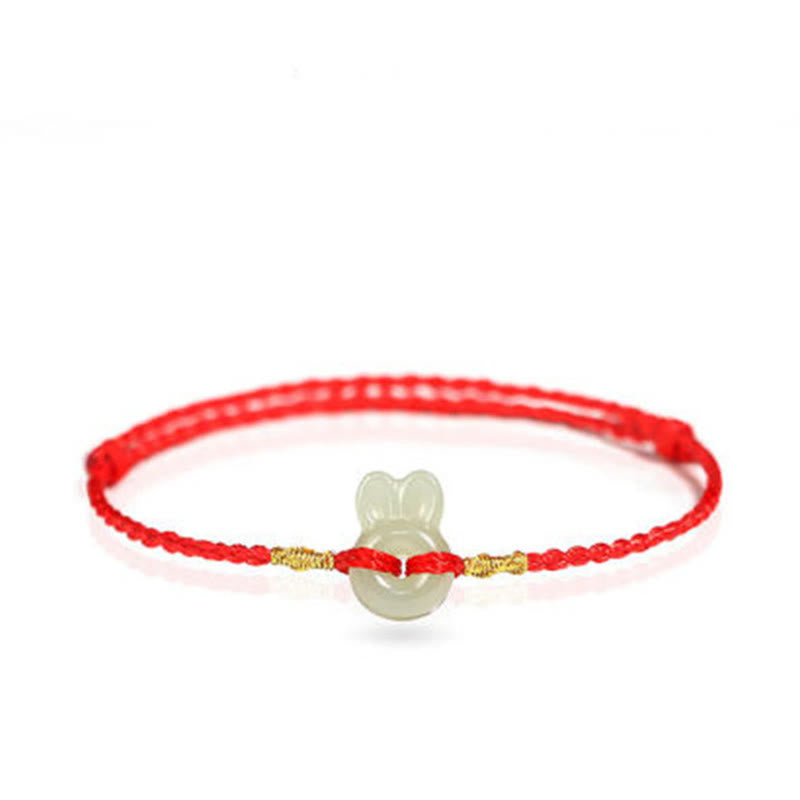 Bracelet porte-bonheur en jade Hetian avec breloque lapin mignon et cordon rouge