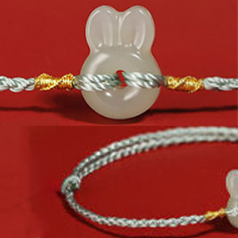Bracelet porte-bonheur en jade Hetian avec breloque lapin mignon et cordon rouge