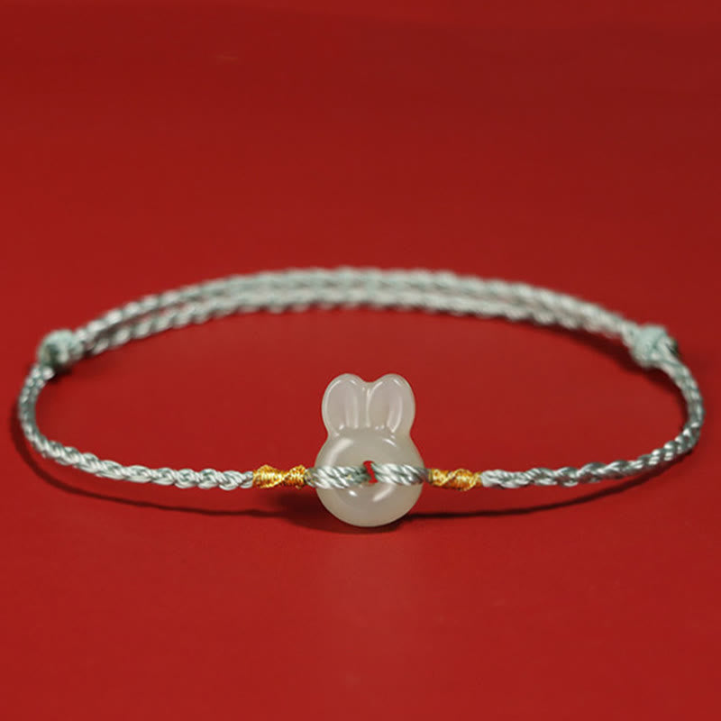 Bracelet porte-bonheur en jade Hetian avec breloque lapin mignon et cordon rouge