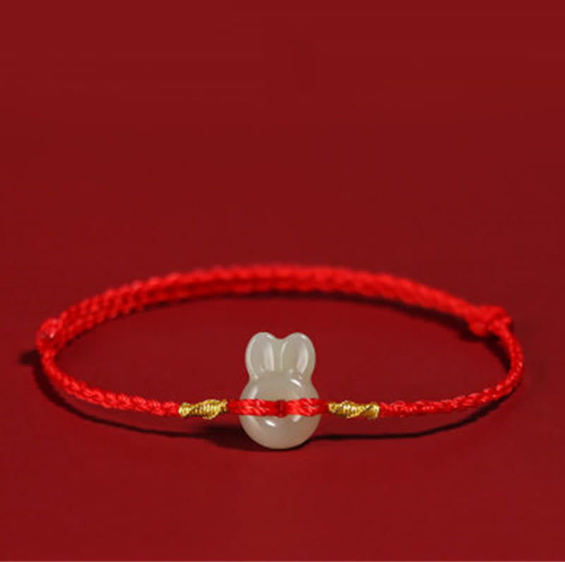 Bracelet porte-bonheur en jade Hetian avec breloque lapin mignon et cordon rouge