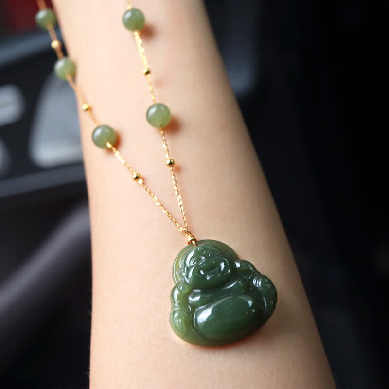 Collier porte-bonheur en jade Hetian avec pendentif Bouddha rieur