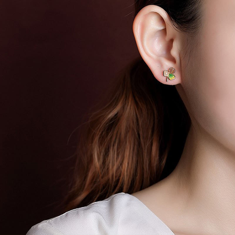 Ensemble collier et boucles d'oreilles trèfle porte-bonheur en jade Hetian