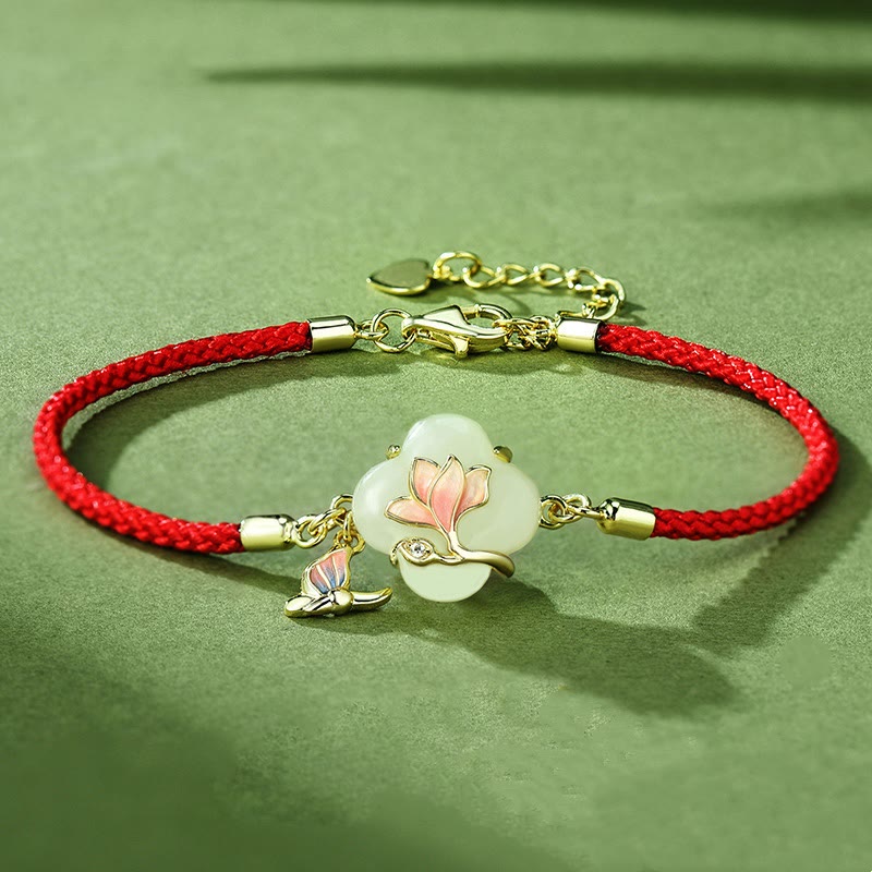 Bracelet porte-bonheur en jade Hetian, fleur de magnolia et papillon