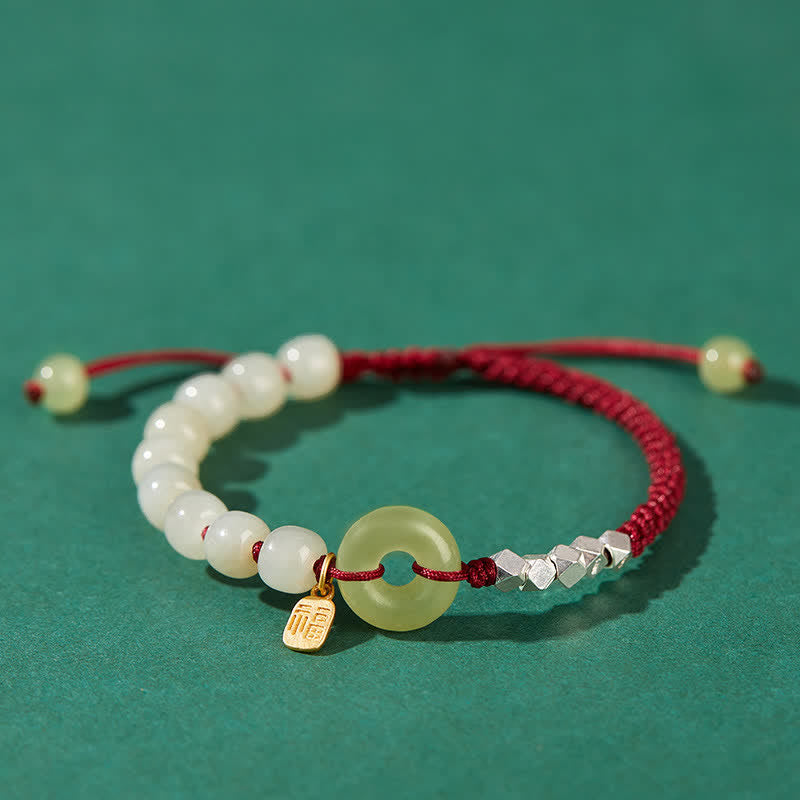 Bracelet porte-bonheur en jade Hetian avec boucle de paix | Breloque en argent sterling
