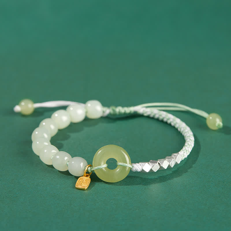 Bracelet porte-bonheur en jade Hetian avec boucle de paix | Breloque en argent sterling