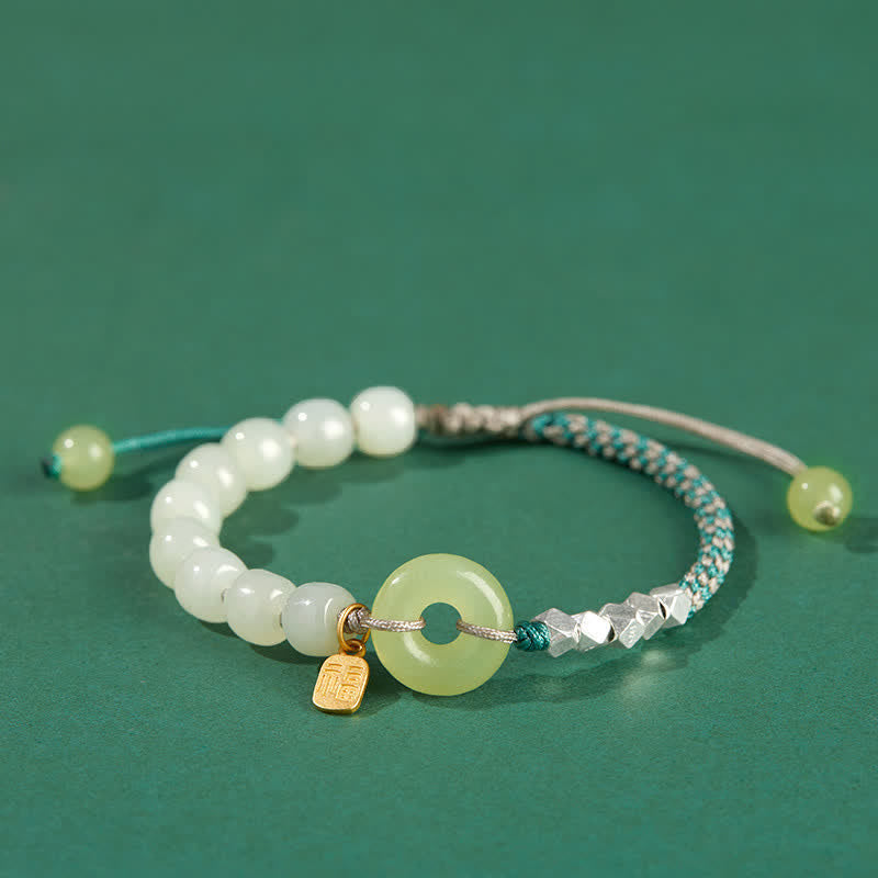 Bracelet porte-bonheur en jade Hetian avec boucle de paix | Breloque en argent sterling