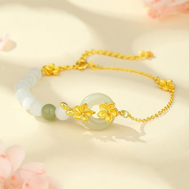 Bracelet porte-bonheur en jade Hetian et fleur de pêcher