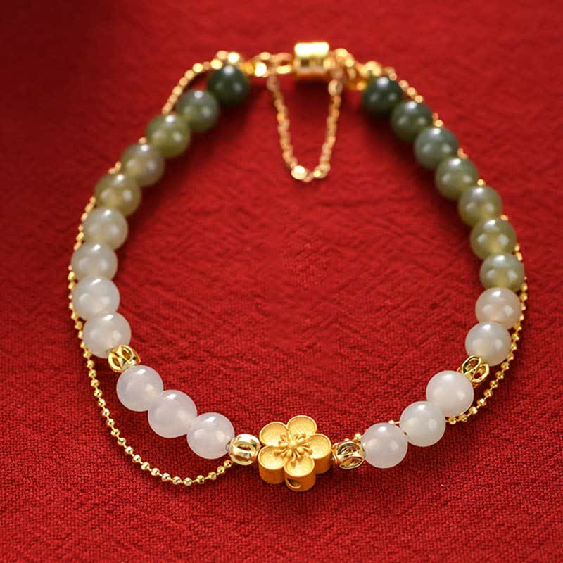 Bracelets porte-bonheur en jade Hetian et fleur de pêcher, unisexes, 6 mm et 8 mm