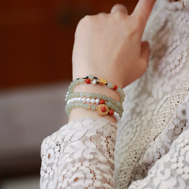 Bracelet porte-bonheur en jade et perles Hetian | Argent sterling plaqué or