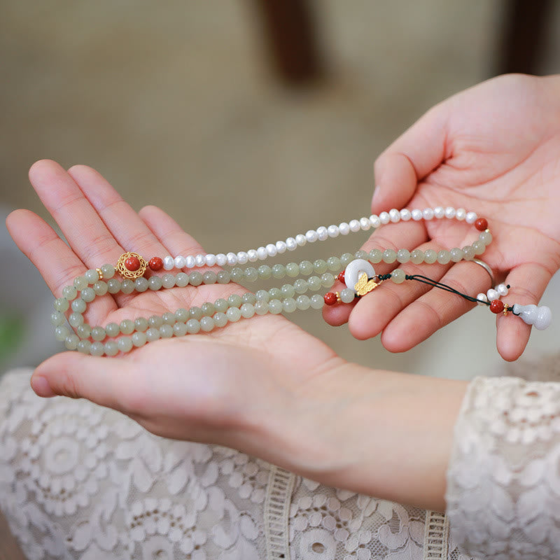 Bracelet porte-bonheur en jade et perles Hetian | Argent sterling plaqué or