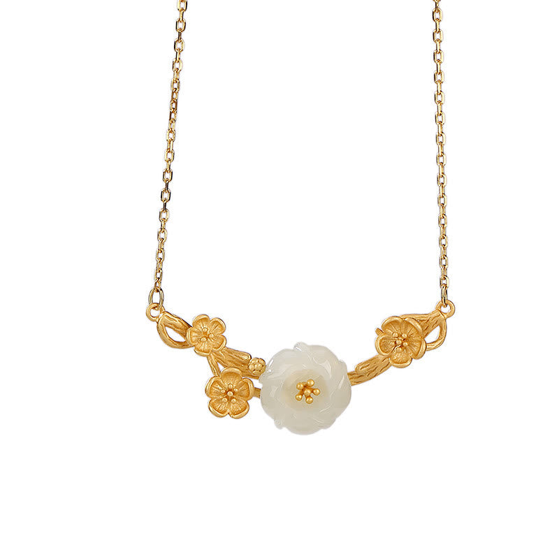 Ensemble collier, bracelet et bague porte-bonheur en jade Hetian et fleur de prunier