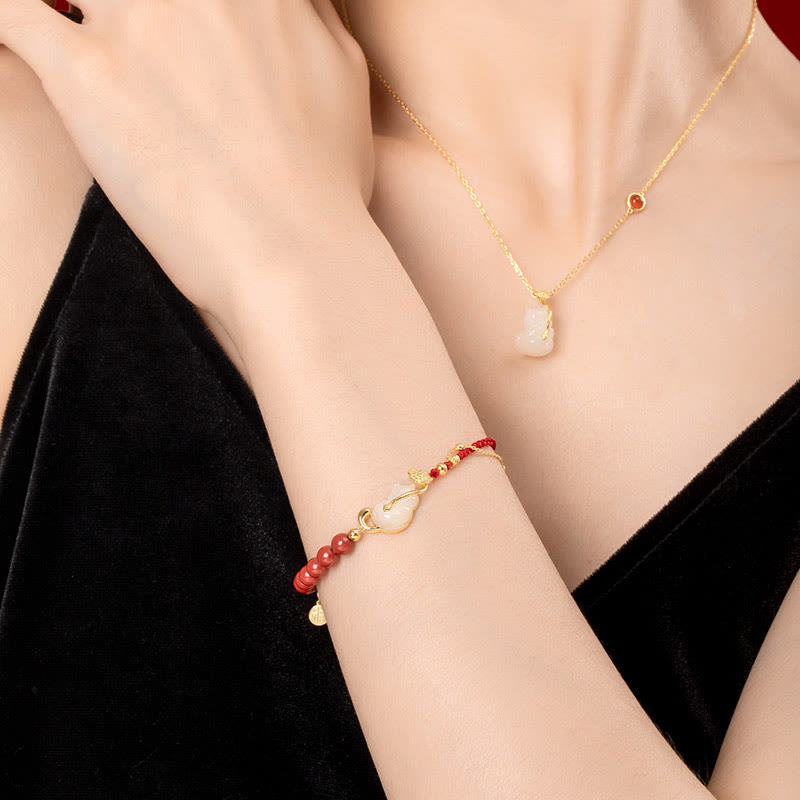 Ensemble bracelet et collier porte-bonheur en jade Hetian Ruyi Cat