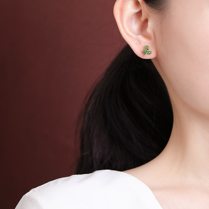 Boucles d'oreilles porte-bonheur en argent et jade trèfle Hetian