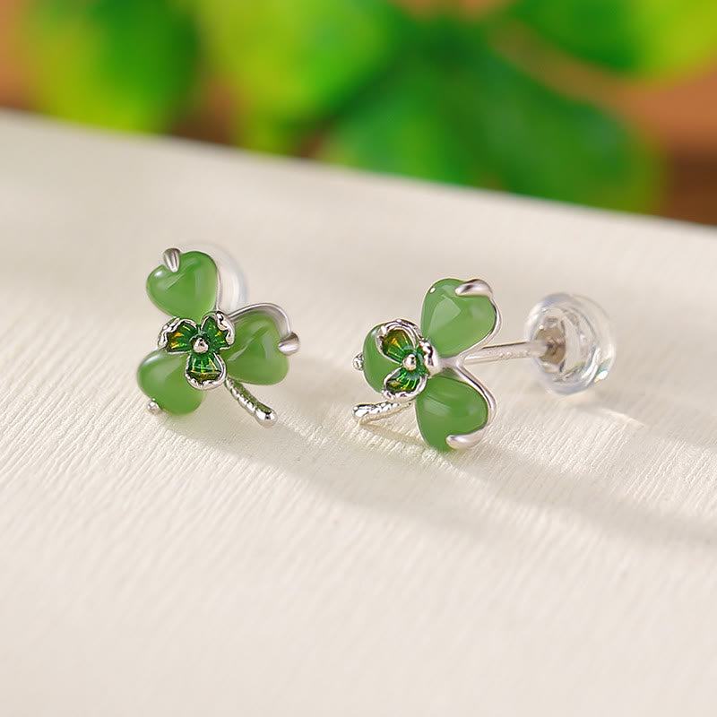 Boucles d'oreilles porte-bonheur en argent et jade trèfle Hetian