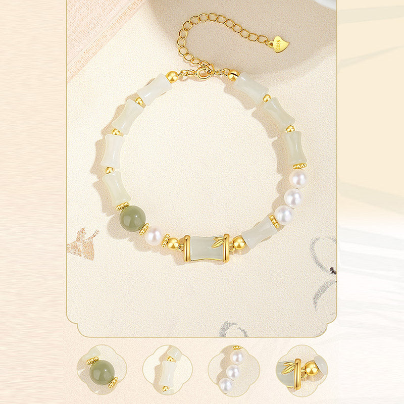 Bracelet en jade blanc Hetian | Argent sterling et bambou, porte-bonheur