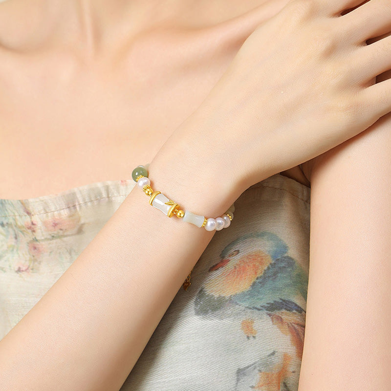 Bracelet en jade blanc Hetian | Argent sterling et bambou, porte-bonheur