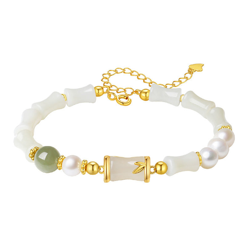 Bracelet en jade blanc Hetian | Argent sterling et bambou, porte-bonheur