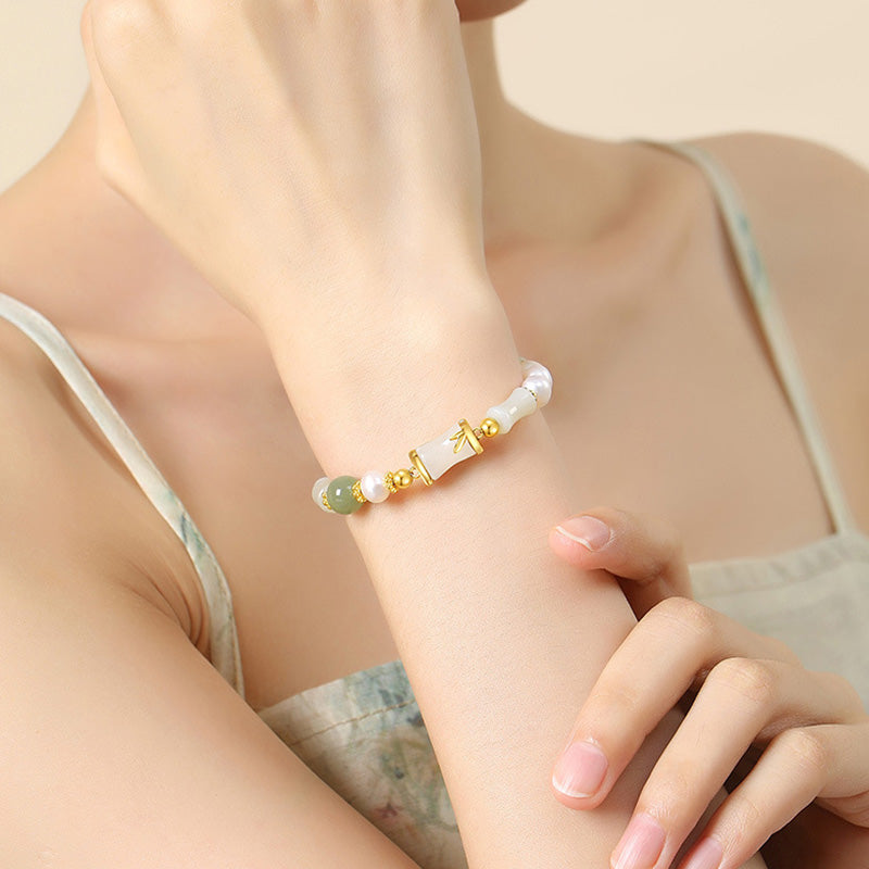 Bracelet en jade blanc Hetian | Argent sterling et bambou, porte-bonheur