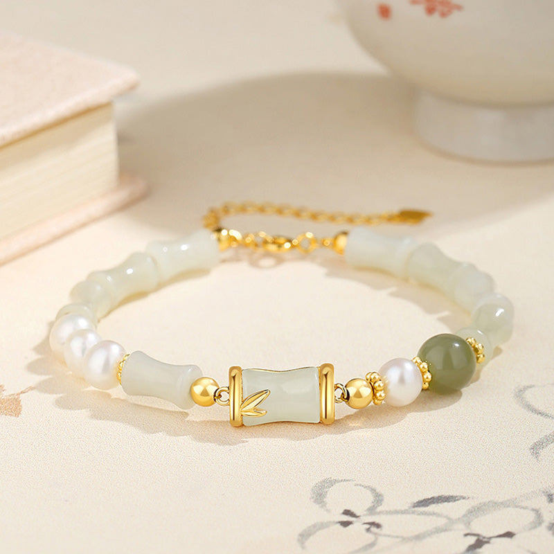 Bracelet en jade blanc Hetian | Argent sterling et bambou, porte-bonheur