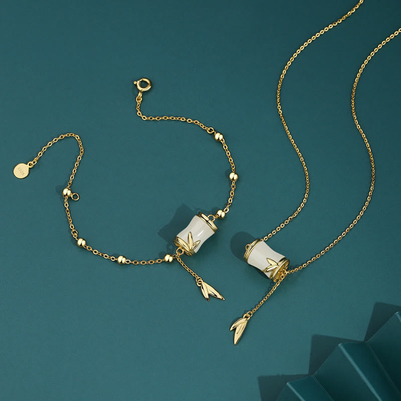 Collier et bracelet porte-bonheur en jade blanc Hetian | Argent sterling et or 22 carats