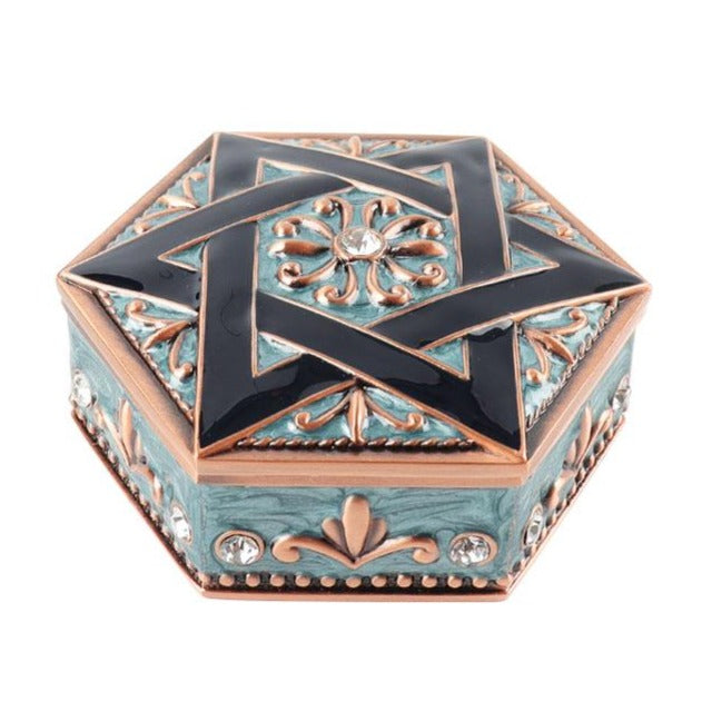 Boîte à bijoux hexagonale vintage avec finition émaillée bleu sarcelle