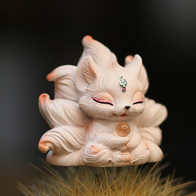 Figurine de renard à neuf queues en résine ivoire 7,5 cm Statue mythique