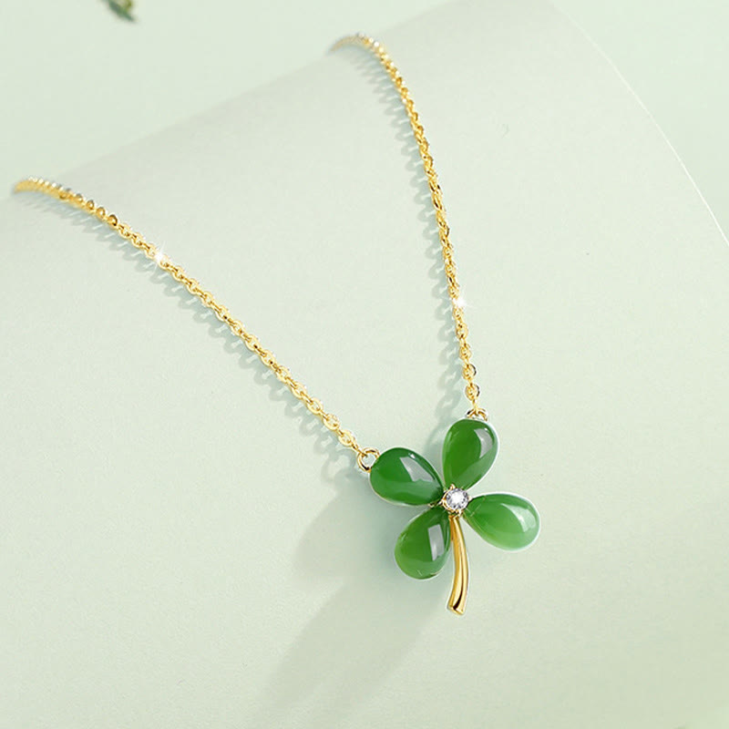 Collier trèfle à quatre feuilles en jade | Pendentif porte-bonheur en argent 925