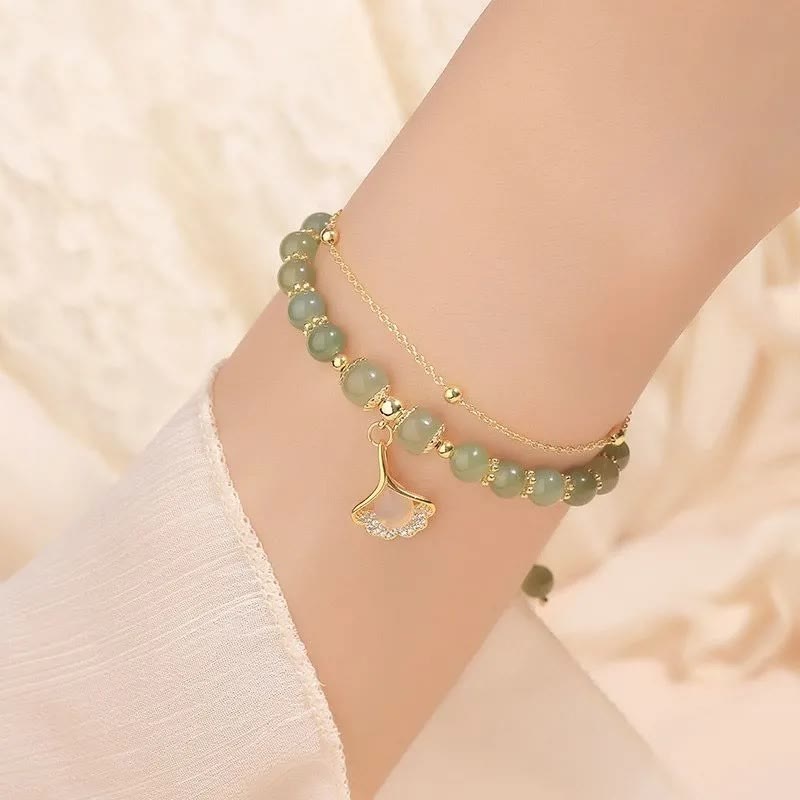 Bracelet porte-bonheur en perles de jade avec symbole feuille, tulipe et Fu